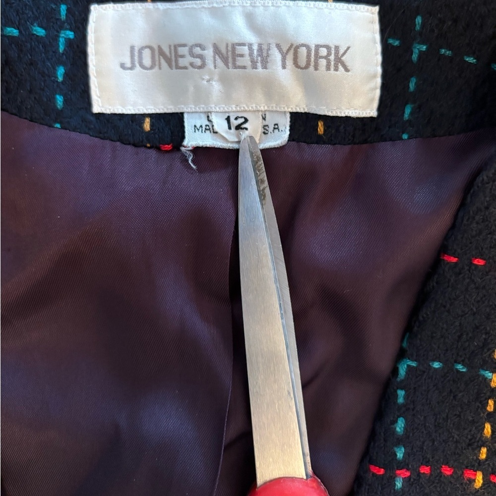 VTG Jones New York Navy Plaid Double Breasted Blazer 12 Cropped Preppy Y2K 90s - Picture 7 of 11